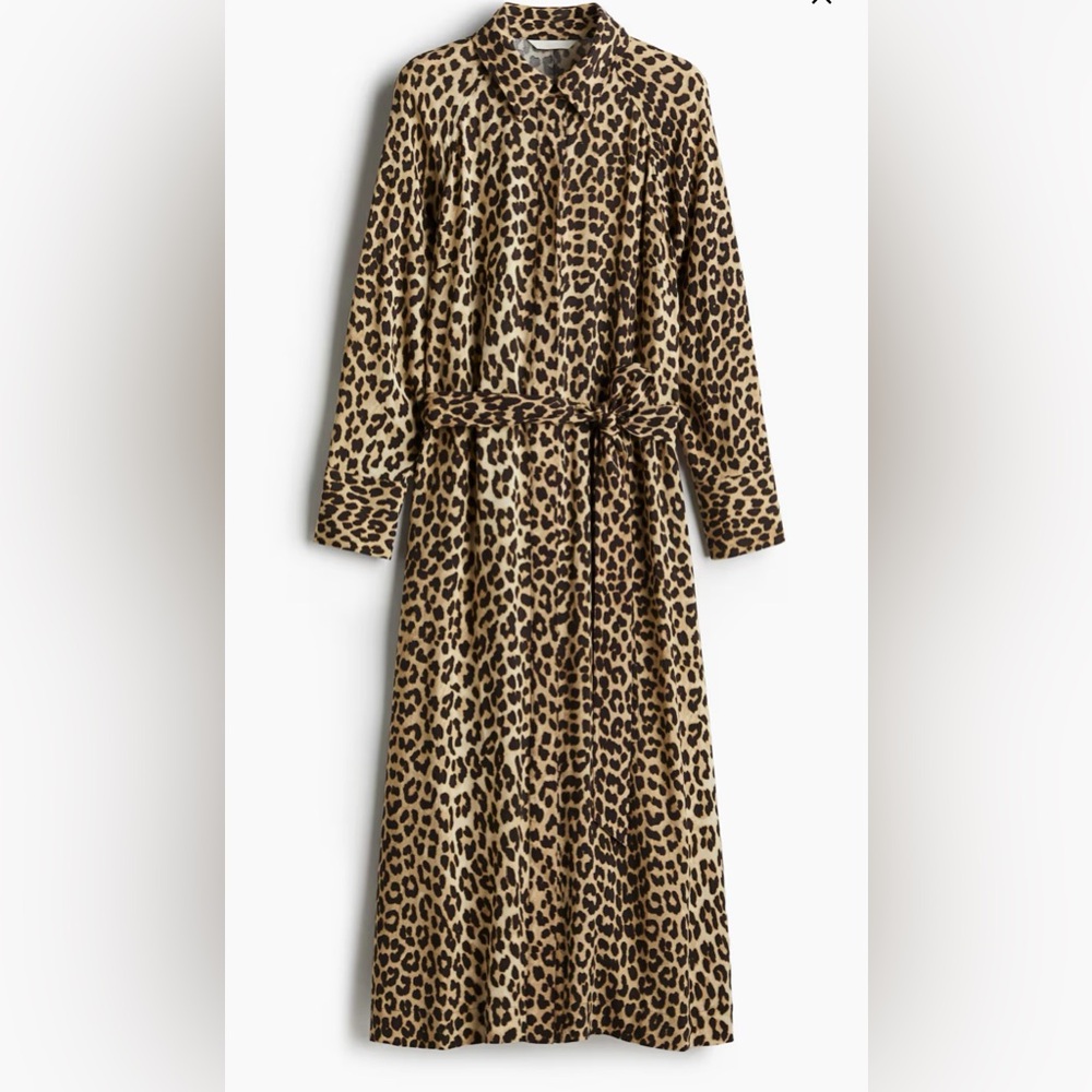 H&M Leopard Brown and Black Long Sleeve Tie Belt Shirt Dress XS